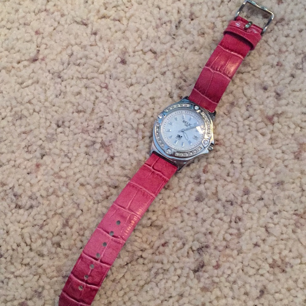 Relic Wet Silver Sparkle Pink Leather Band